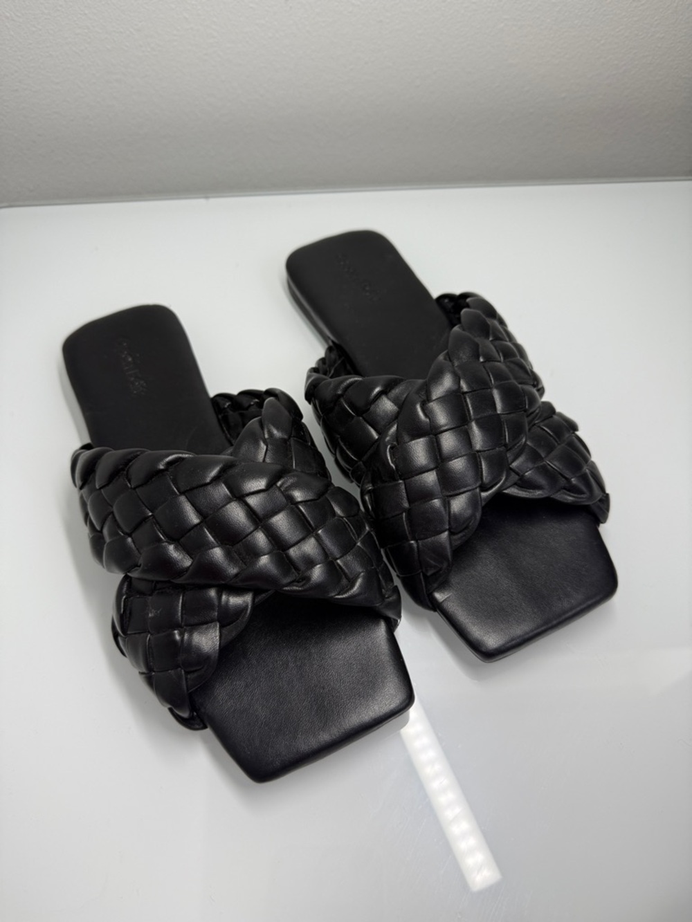 NEW Open Edit Lucca Black Braided Woven Slide Sandals - Square Toe- Size 7.5